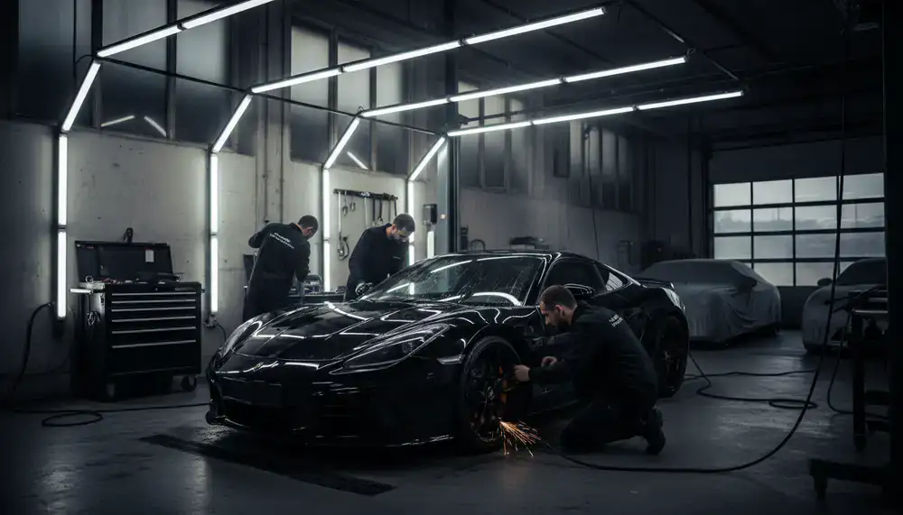 Atelier de préparation esthétique automobile avec éclairage professionnel et matériel de précision