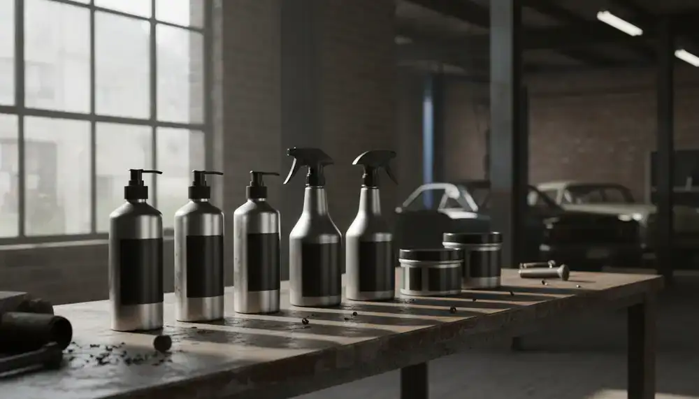Gamme de produits d'entretien automobile alignée sur un établi industriel