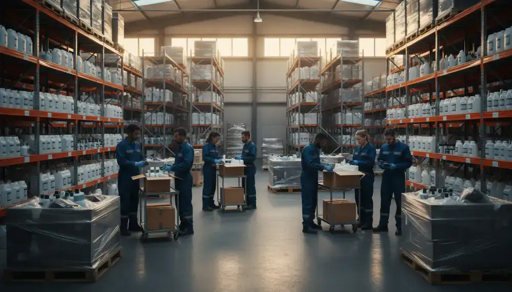 Équipe SmoothLeads préparant des commandes de produits d'entretien automobile dans notre entrepôt