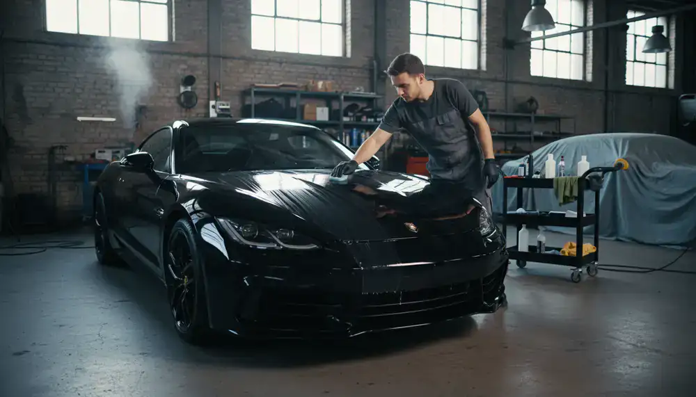 Professionnel appliquant une protection céramique sur une carrosserie propre